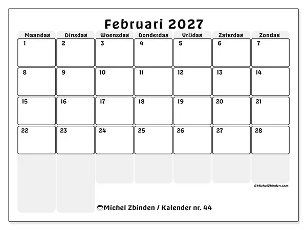 Kalender februari 2027 om af te drukken - Gestructureerde planning