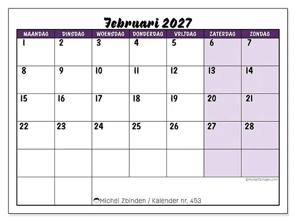 Kalender februari 2027 om af te drukken - Kleurrijke taken