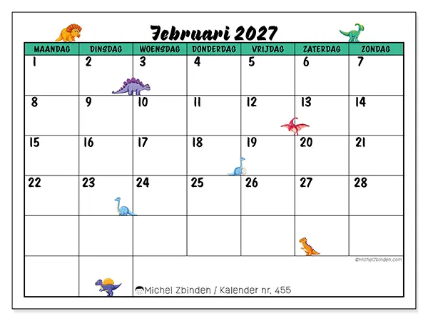 Kalender februari 2027 om af te drukken - Kleine dinosaurussen