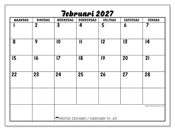 Kalender februari 2027 om af te drukken - Schoolsucces