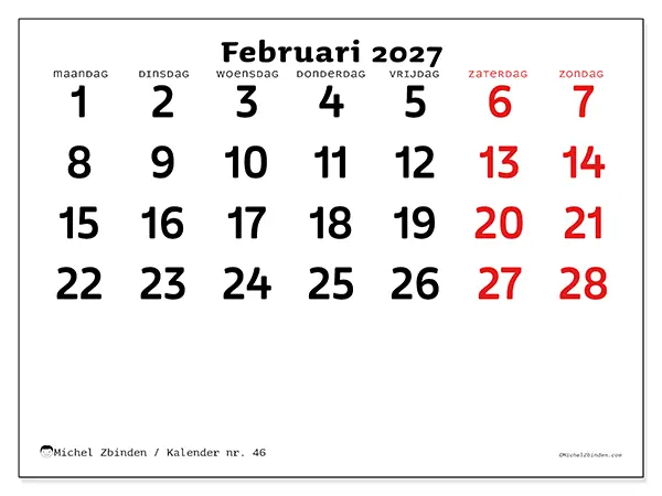 Kalender februari 2027 om af te drukken - Duidelijk overzicht