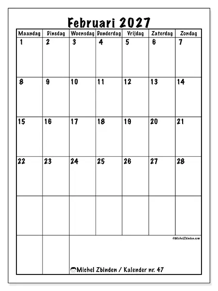 Kalender februari 2027 om af te drukken - Efficiënte planning