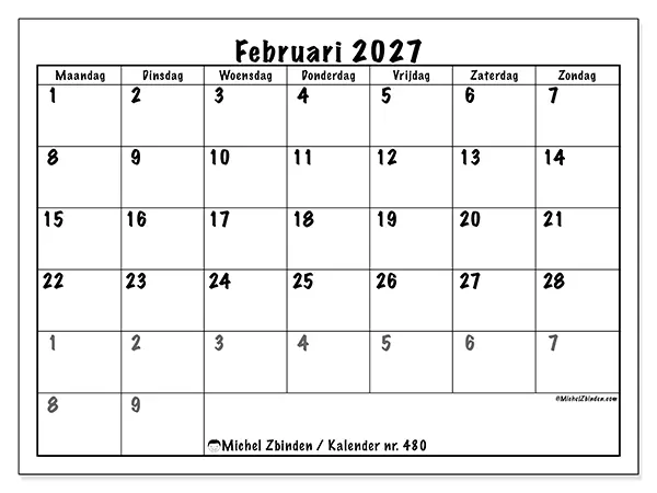 Kalender februari 2027 om af te drukken - Volledige planning