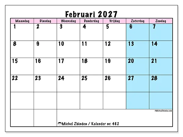 Kalender februari 2027 om af te drukken - Teamagenda