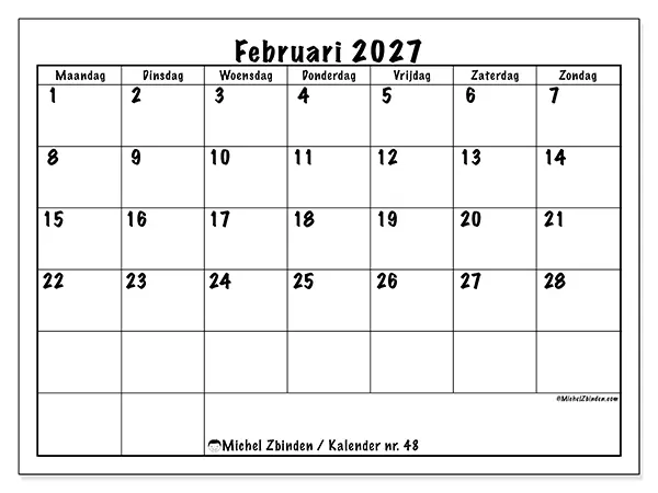 Kalender februari 2027 om af te drukken - Dagelijkse planning