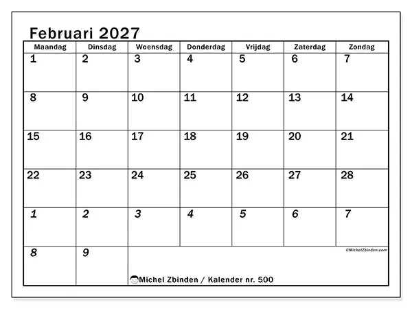 Kalender februari 2027 om af te drukken - Intensieve planning