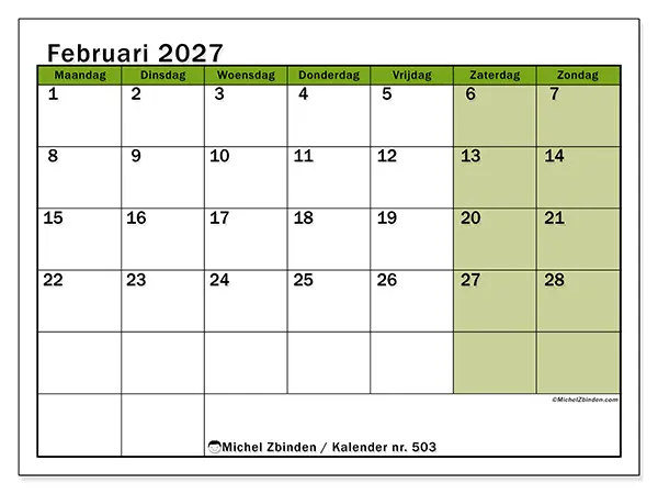Kalender februari 2027 om af te drukken - Levendige organisatie