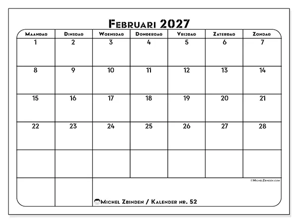 Kalender februari 2027 om af te drukken - Professionele organisatie