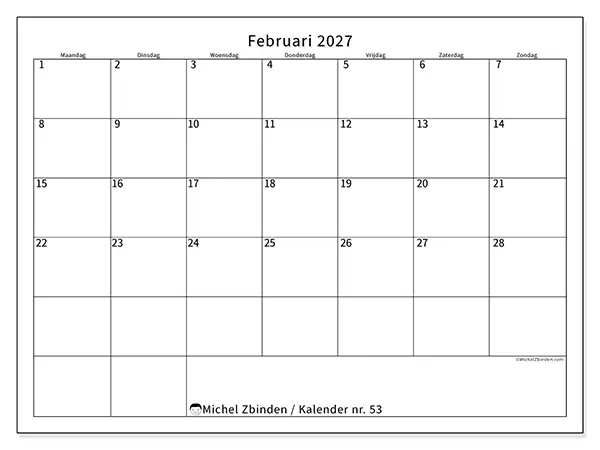 Kalender februari 2027 om af te drukken - Efficiënte agenda
