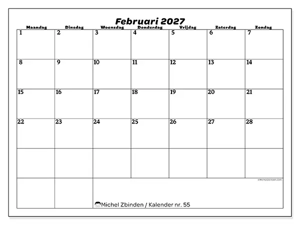 Kalender februari 2027 om af te drukken - Organisatie van vrije tijd
