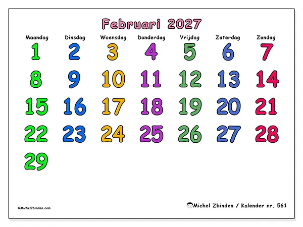 Kalender februari 2027 om af te drukken - Creatieve momenten