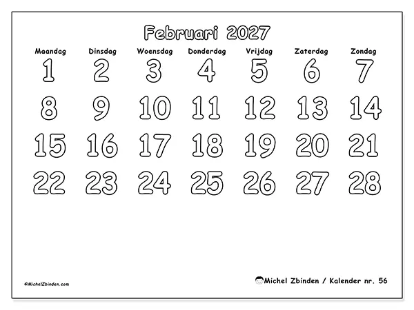 Kalender februari 2027 om af te drukken - Nuttig kleuren