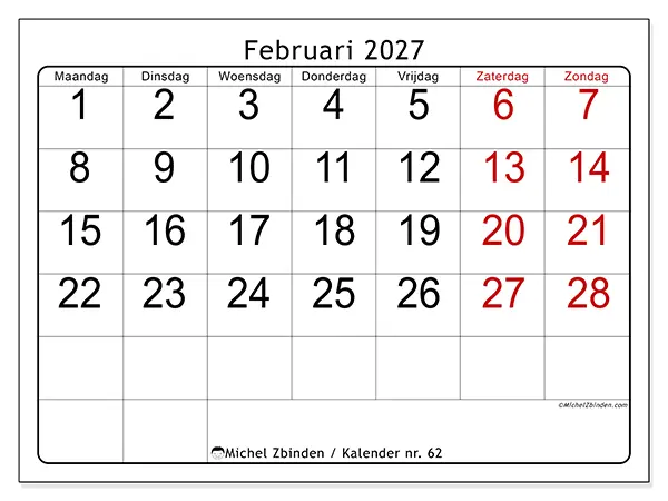 Kalender februari 2027 om af te drukken - Snel overzicht