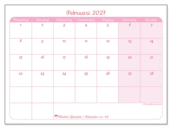 Kalender februari 2027 om af te drukken - Organisatie in zachtheid