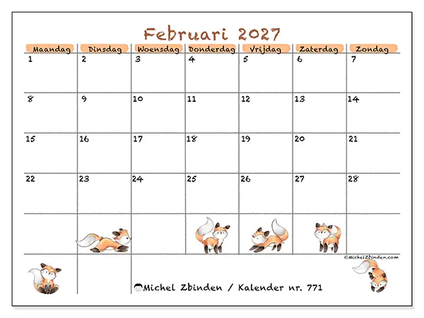 Kalender februari 2027 om af te drukken - Vossentekeningen