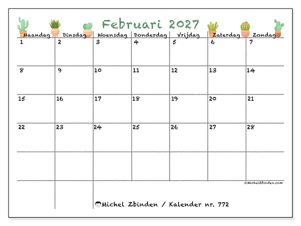 Kalender februari 2027 om af te drukken - Decoratieve cactus