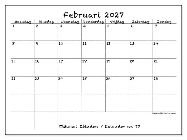 Kalender februari 2027 om af te drukken - School en familie