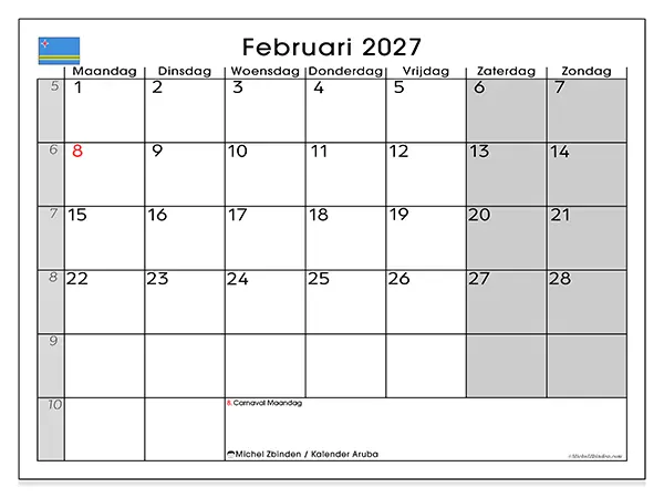 Kalender februari 2027 om af te drukken - Aruba