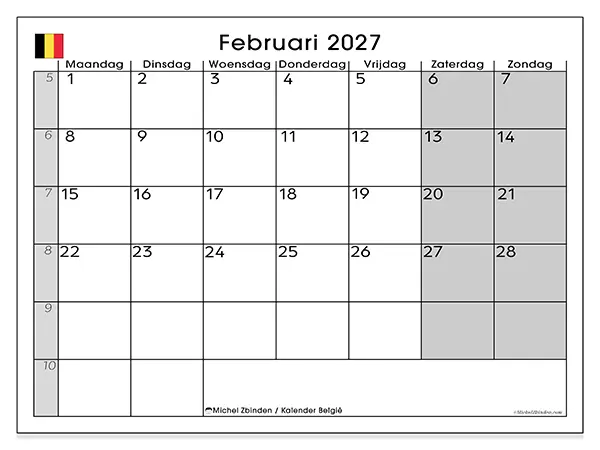 Kalender februari 2027 om af te drukken - België