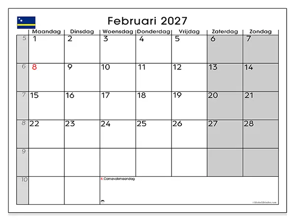 Kalender februari 2027 om af te drukken - Curaçao