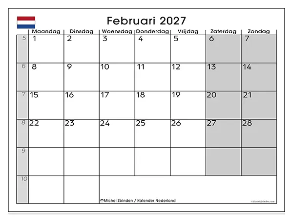 Kalender februari 2027 om af te drukken - Nederland