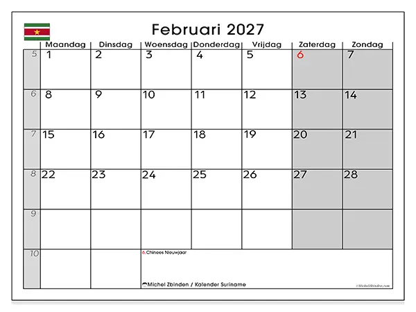 Kalender februari 2027 om af te drukken - Suriname