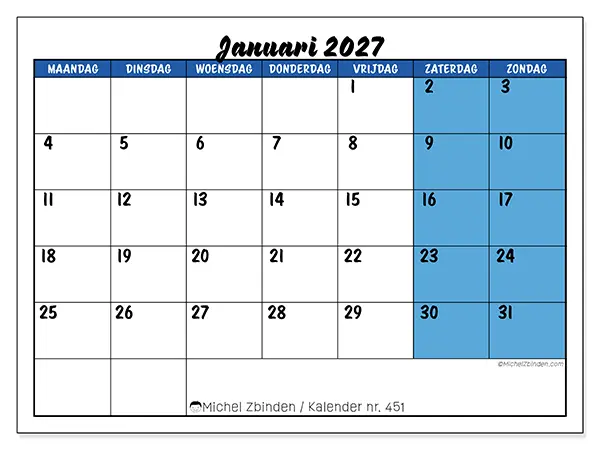 Kalender januari 2027 om af te drukken - Dynamische organisatie