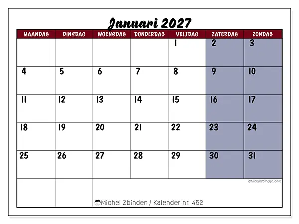 Kalender januari 2027 om af te drukken - Taken in kleur