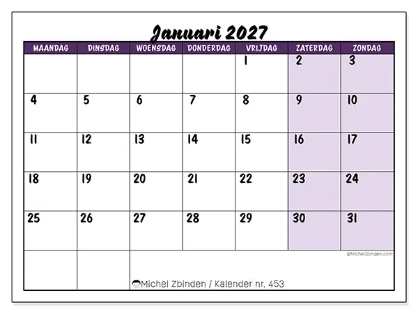 Kalender januari 2027 om af te drukken - Kleurrijke taken