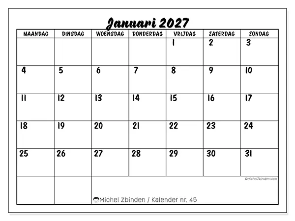 Kalender januari 2027 om af te drukken - Schoolsucces