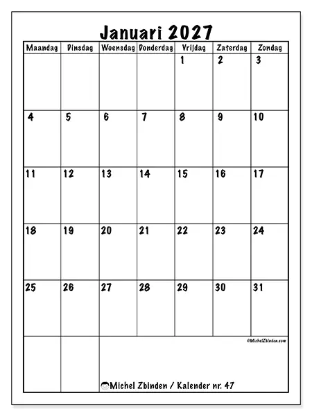 Kalender januari 2027 om af te drukken - Efficiënte planning