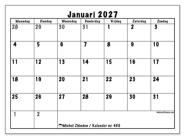 Kalender januari 2027 om af te drukken - Volledige planning