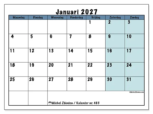 Kalender januari 2027 om af te drukken - Structuur voor school
