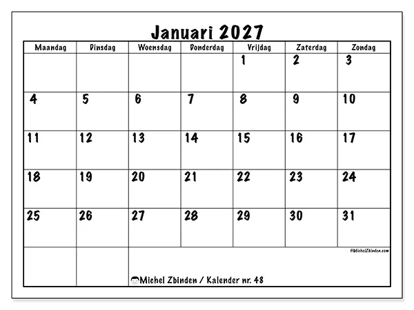 Kalender januari 2027 om af te drukken - Dagelijkse planning