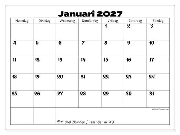 Kalender januari 2027 om af te drukken - Productieve coordinatie