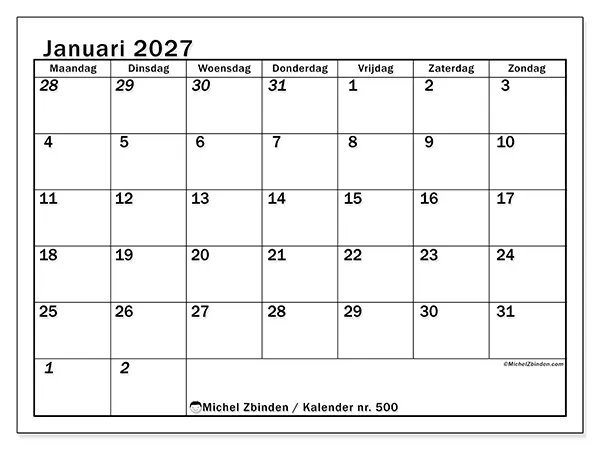 Kalender januari 2027 om af te drukken - Intensieve planning