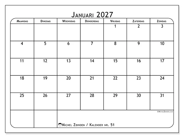 Kalender januari 2027 om af te drukken - Maaltijdplanner
