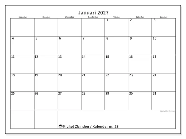 Kalender januari 2027 om af te drukken - Efficiënte agenda