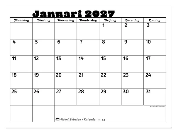 Kalender januari 2027 om af te drukken - Familieactiviteiten