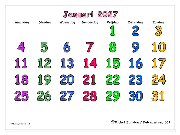Kalender januari 2027 om af te drukken - Creatieve momenten