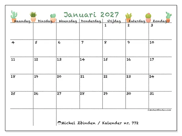 Kalender januari 2027 om af te drukken - Decoratieve cactus