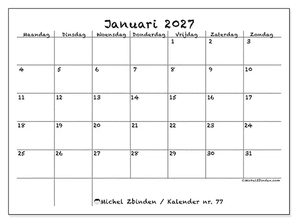 Kalender januari 2027 om af te drukken - School en familie