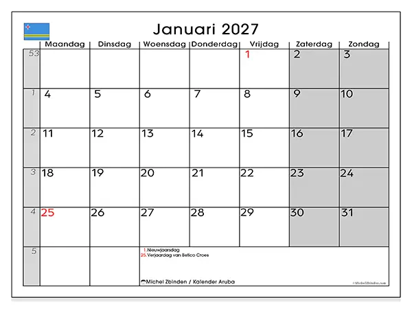 Kalender januari 2027 om af te drukken - Aruba