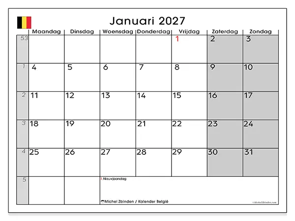 Kalender januari 2027 om af te drukken - België