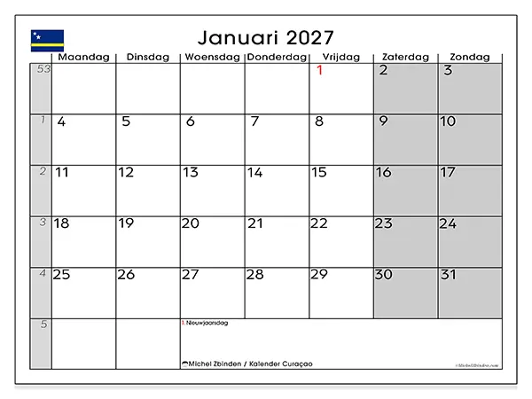 Kalender januari 2027 om af te drukken - Curaçao