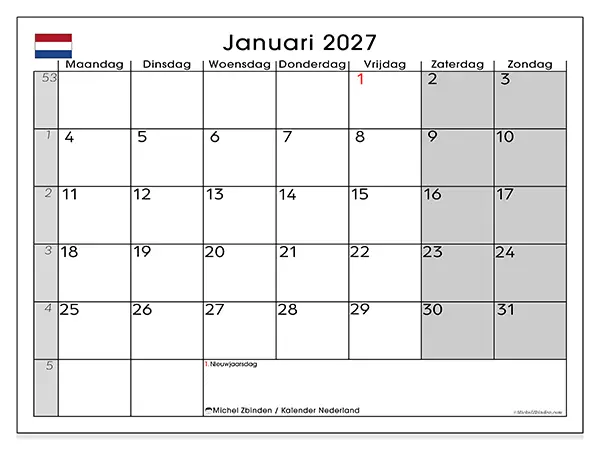 Kalender januari 2027 om af te drukken - Nederland