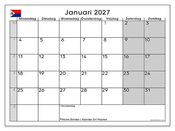 Kalender januari 2027 om af te drukken - Sint Maarten