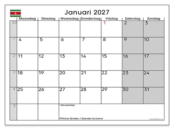 Kalender januari 2027 om af te drukken - Suriname