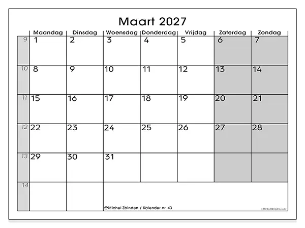 Kalender maart 2027 om af te drukken - Eenvoudig overzicht