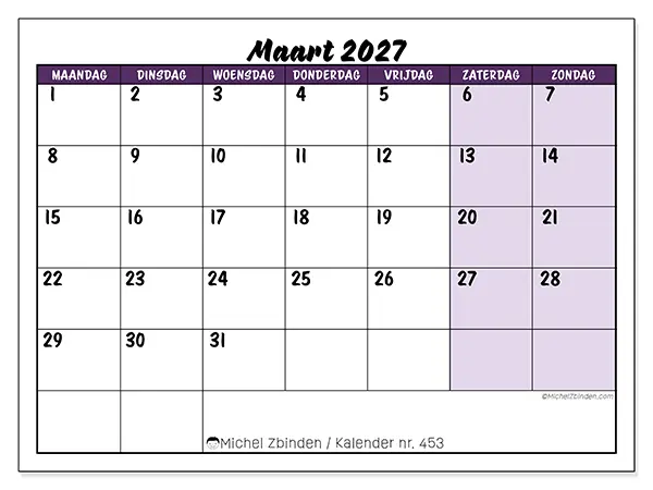 Kalender maart 2027 om af te drukken - Kleurrijke taken